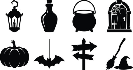 Halloween Black Silhouette Icons Set with Pumpkin Lantern Cauldron Bat Witch and Spooky Objects © Zibon