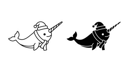Christmas Narwhal Duo: A cute narwhal adorned with a festive Santa hat and scarf is presented in both line art and silhouette, embodying the spirit of the holiday season. © Murshida