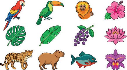 Amazon rainforest tropical animals and flowers vector collection with isolated jaguar capybara parrot toucan monkey palm leaves icons set for children illustration © Mdjony
