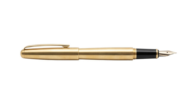 Elegant gold fountain pen with black accents and a polished metal nib, isolated on white