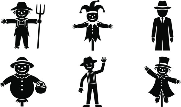 Black silhouettes of various scarecrow characters