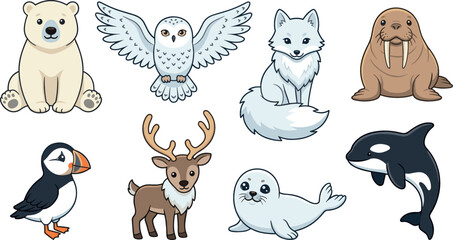 Arctic and Antarctic polar animals vector sticker set featuring cute cartoon polar bear, snowy owl, arctic fox, walrus, puffin, reindeer, seal, and killer whale. © Mdjony