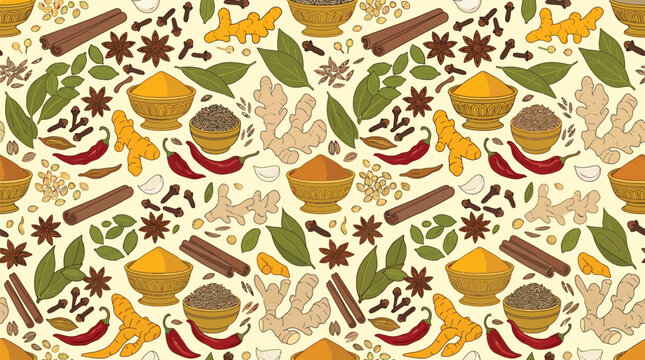 Seamless pattern with various aromatic spices and herbs including cinnamon ginger chili and turmeric powder illustration
