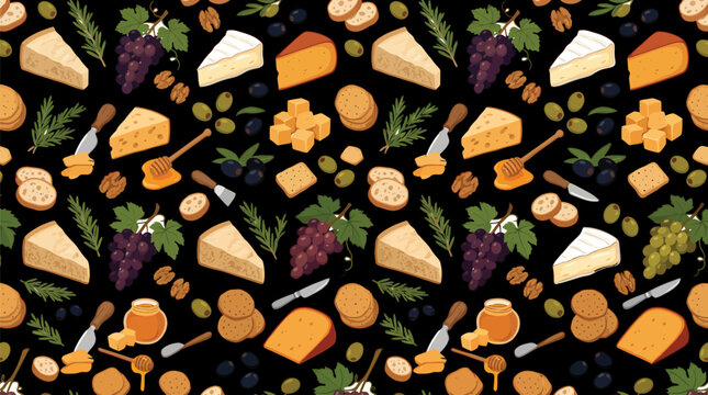 Seamless pattern with cheese varieties grapes honey and crackers on black background vector illustration for food design