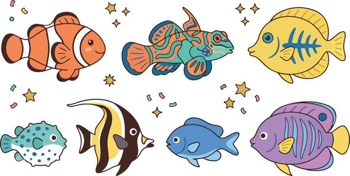 Colorful tropical coral reef fish collection vector illustration featuring cute sea creatures like angelfish pufferfish mandarin fish for marine life design