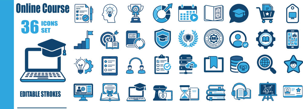 Online Course Duotone Line Icon Set - Flat Vector E-Learning Platform Symbols, Distance Education Badges, Virtual Classroom Signs, and Educational Marketplace UI Interface Assets