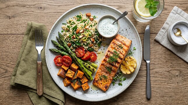 Grilled Salmon Fillet Served On A Plate With Roasted Sweet Potato Cubes And Steamed Broccolini &ndash; Healthy Home-Cooked Dinner Food Photography 2