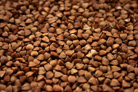 Buckwheat pattern top view. Roasted kernel texture. Brown agricultural background. Whole grain wallpaper. Raw cereal crop. Dietary food backdrop. Triangle seed close up. Natural groats surface. Health