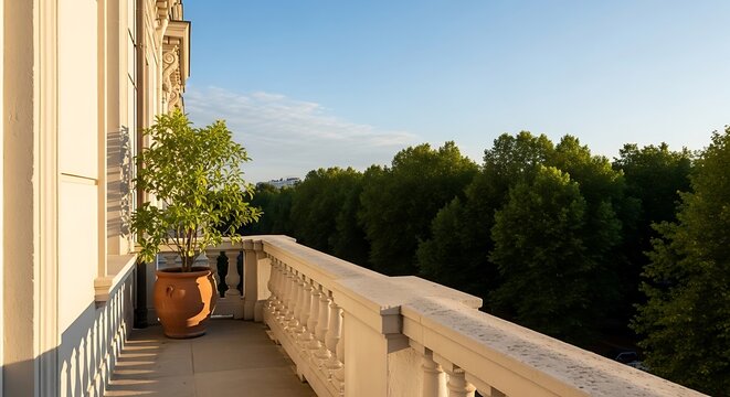 Stone balcony with a white balustrade and a large terracotta pot containing a green tree overlooking a dense forest on a sunny summer day