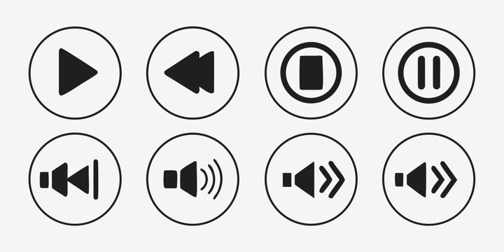 Set of eight black and white media player control icons on white background with fast forward audio player video player control panel user interface icon set play button pause button interface