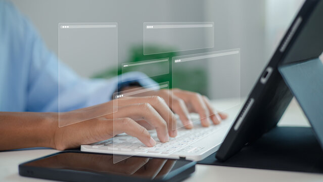 Web Developer Working on Digital Browser Interface Screen with Keyboard