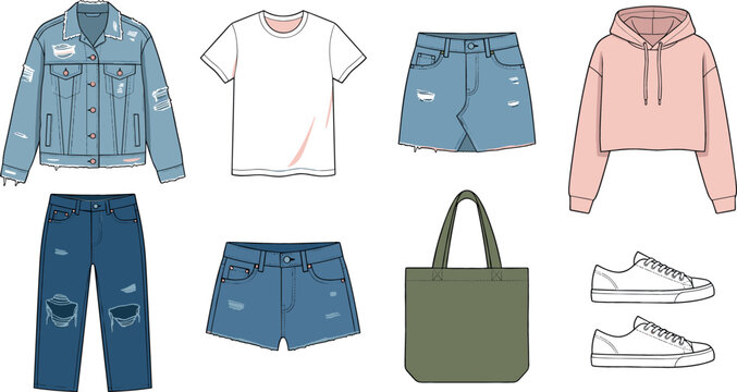 Casual women fashion clothes vector collection with isolated denim jacket jeans skirt shorts t-shirt hoodie sneakers tote bag icons set for flat illustration