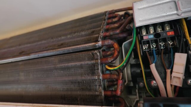 Close-up of an opened air conditioner showing dirty copper coils and electrical wiring. Concept of hazardous mold accumulation, indoor air quality, and appliance maintenance.