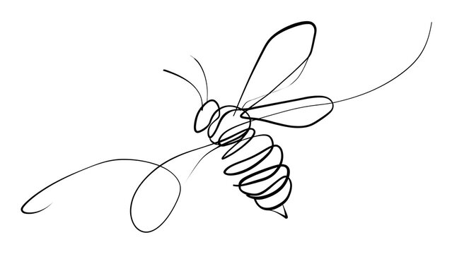 Minimalist bee line drawing on white background.