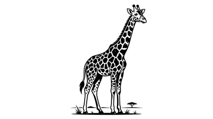 A giraffe stands alone in savannah landscape with grass and trees around © Wikwik