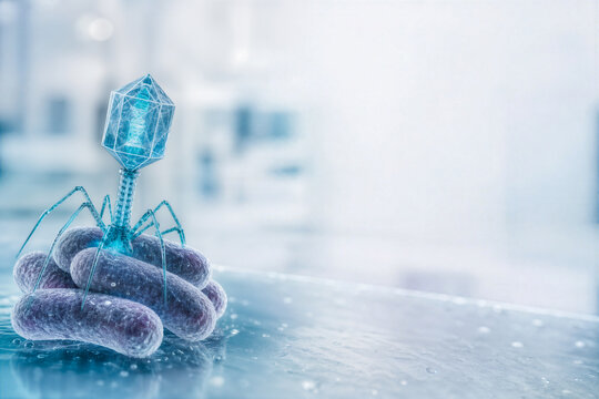 Synthetic bacteriophage on bacterial colony with cyan glow representing phage therapy precision medicine antibiotic resistance biotechnology research clinical microbiology innovation