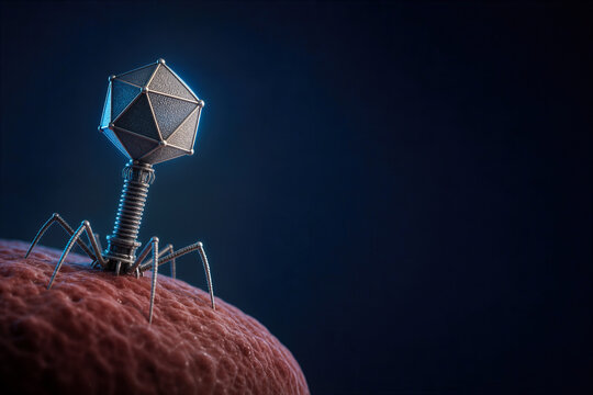 Synthetic bacteriophage with metallic icosahedral head targeting red bacterium over dark gradient background phage therapy antibiotic resistance precision medicine innovation