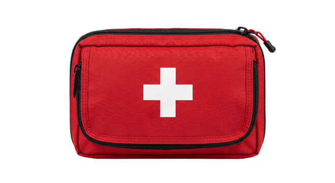 Red first aid kit with white cross symbol, essential for emergencies and travel