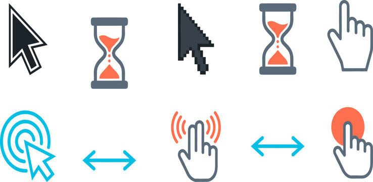 Computer Mouse Cursor and Hand Touch Gesture Line Icon Set with Arrow Pointer Hourglass Wait Resize and Click Symbols for User Interface Website Designs and Mobile Applications