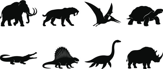 Prehistoric Animal Silhouette Collection with Mammoth Saber Tooth and Dinosaur Vector Icon Set © Zibon