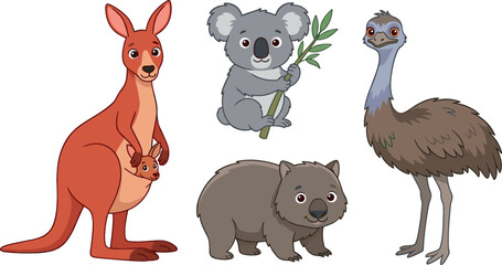 Cute Australian wildlife vector sticker set featuring cartoon kangaroo with joey, koala eating eucalyptus, happy wombat, and emu isolated on white background. © Mdjony