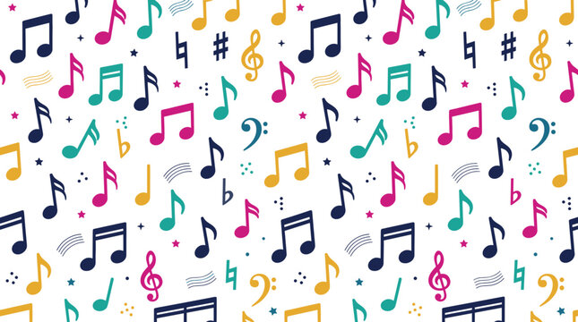 Colorful seamless music notes pattern vector background featuring floating musical symbols, clefs, sharps, flats, and stars isolated on white background.