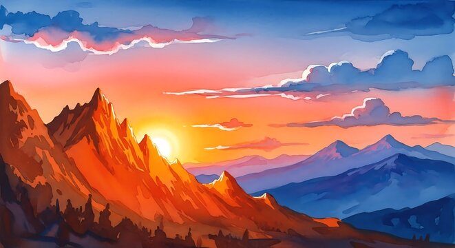 Vibrant landscape of a sunset over jagged mountain peaks with orange and blue sky colors and soft clouds above a dark valley