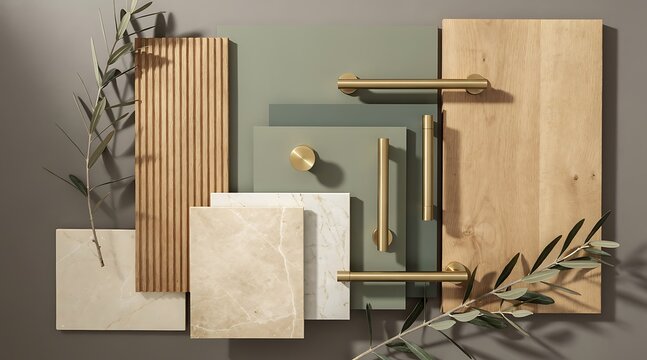 Interior design mood board with natural materials and warm tones.
