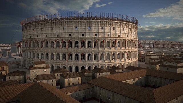 the Roman Colosseum,  3D animated , capturing its grandeur, ancient architecture, and the historic heart of Rome in cinematic light. aerial flight around the Flavian Amphitheatre.