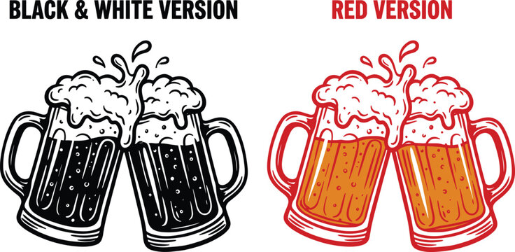Comparative black and white and red colored illustration of clinking beer mugs with clinking celebration illustration comparison nightlife refreshment