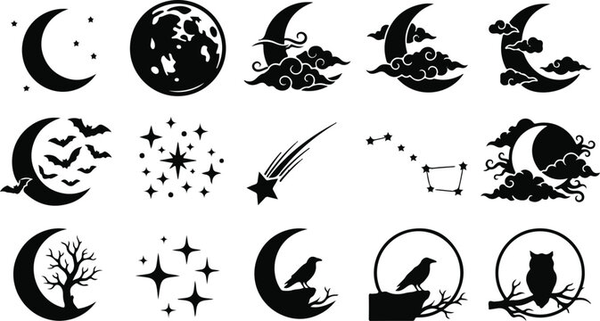 Black silhouette celestial and nocturnal animal icons set