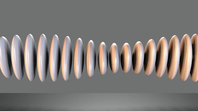 3D animation of flattened metallic spheres with shimmer rotating in a smooth wave. Seamless loop motion background with minimal geometric forms on a light gray background.