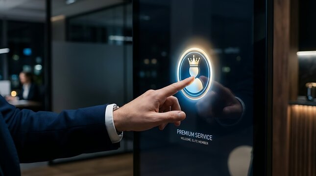 Businessman touching service on digital screen with hourglass and crown suit hand finger