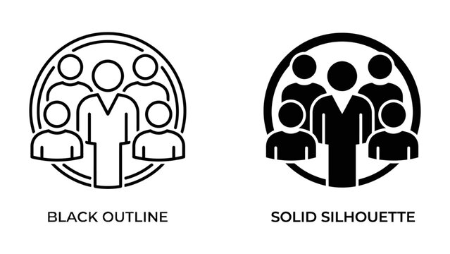 Group Iconography: A comparative set of icons representing a group of people, shown in both black outline and solid silhouette styles, signifying unity and collective identity.