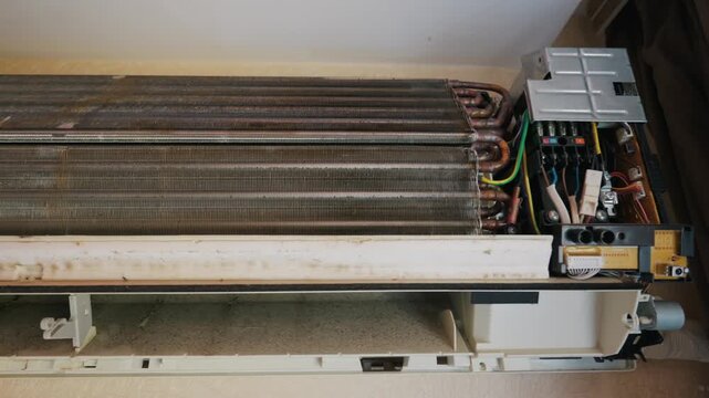A disassembled wall-mounted air conditioner indoor unit reveals a dusty evaporator coil and copper tubing. Black mold and fungus accumulation are visible on the internal surfaces.