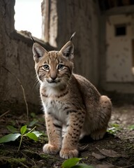 Obraz premium A pelt toned eurasian lynx ai-generated, fantasy animal, in an abandon house.