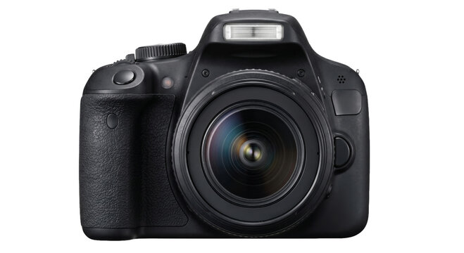 Professional DSLR camera with a large lens and built-in flash, isolated on white
