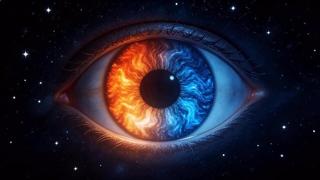 Eye with fiery and icy patterns in space