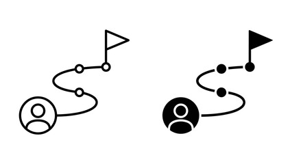 Path to Success: Two minimalist icons illustrate a personal journey with a clear path marked by waypoints, leading to a flag at the destination. Symbolizing progress, goal setting, and achievement. © mahmuda428