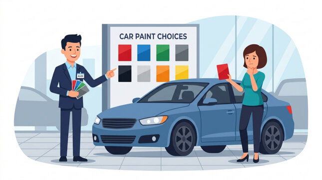 Car salesman showing paint color swatches to a customer choosing vehicle color at dealership automotive sales concept