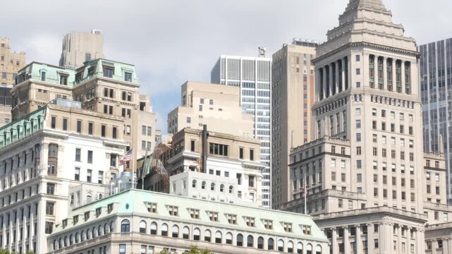 New York City Lower Manhattan Downtown Financial District, Broadway street, United States. Building architecture, Bowling Green from Battery Park. Skyline cityscape of FiDi. American business center.