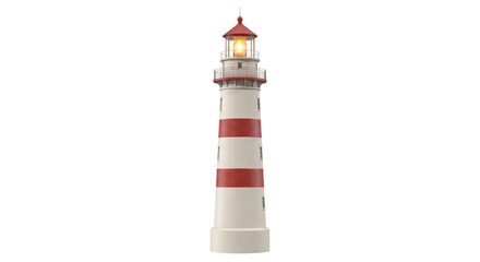 Classic striped lighthouse with a bright glowing lantern on a white background © Sapphire