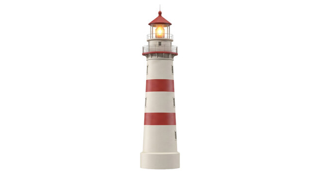 Classic striped lighthouse with a bright glowing lantern on a white background
