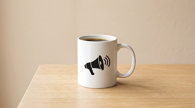 White coffee mug with black megaphone on wooden table white mug brown coffee