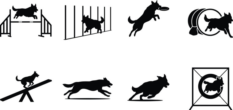 Set of black silhouettes showing dogs performing agility training and obstacle course sports on white background