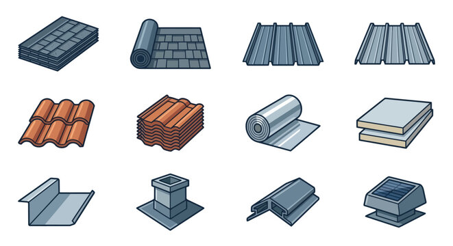 Elegant Collection of Various Roofing and Construction Materials in Stylish Illustrations with Gray Orange and Blue Tones