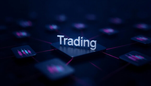Trading text on digital platform button, financial market data visualization with candlestick charts, stock exchange investment concept