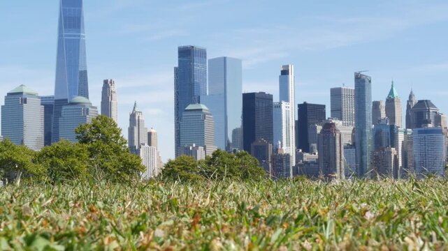 New York City Manhattan Downtown Financial District skyline, World Trade Center tower from New Jersey Liberty state park, United States. Green grass lawn and urban cityscape, skyscraper buildings.