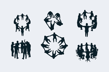 Fototapeta premium Teamwork unity and community silhouette set of people holding hands in circles for collaboration