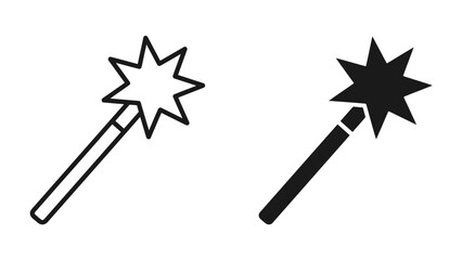 Magic Wand Icon Duo: A graphic representation featuring two stylized magic wands, one outlined in white and the other solid black, symbolizing fantasy and enchantment. © mahmuda428